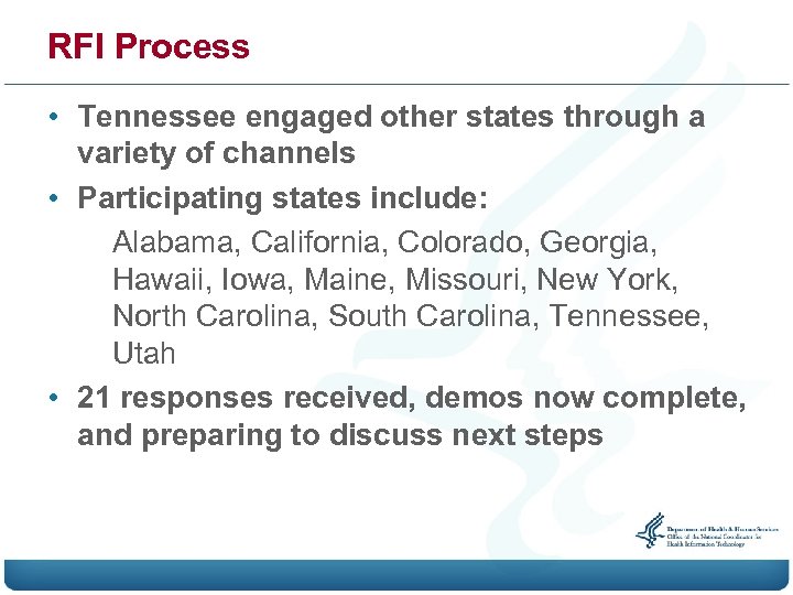 RFI Process • Tennessee engaged other states through a variety of channels • Participating