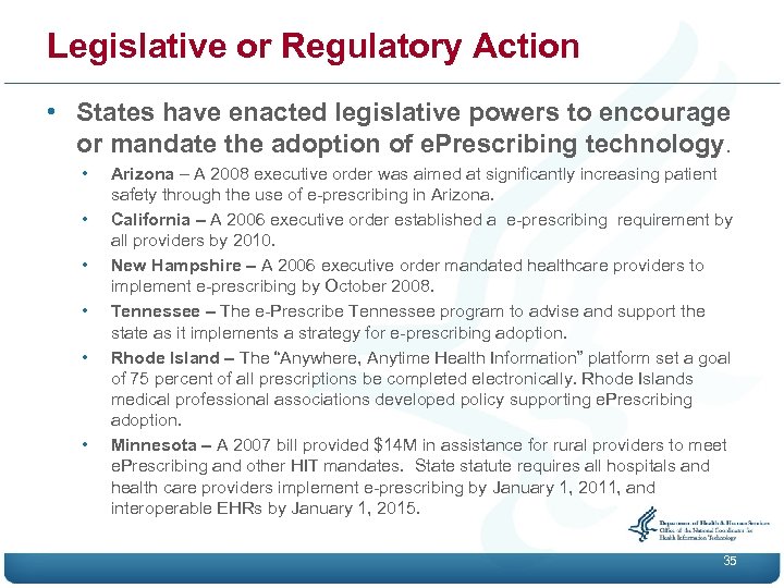 Legislative or Regulatory Action • States have enacted legislative powers to encourage or mandate