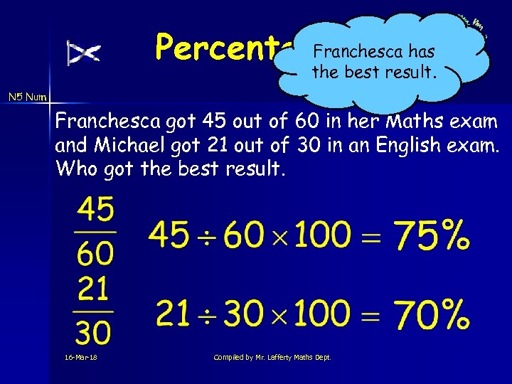 Franchesca has Percentages the best result. N 5 Num Franchesca got 45 out of