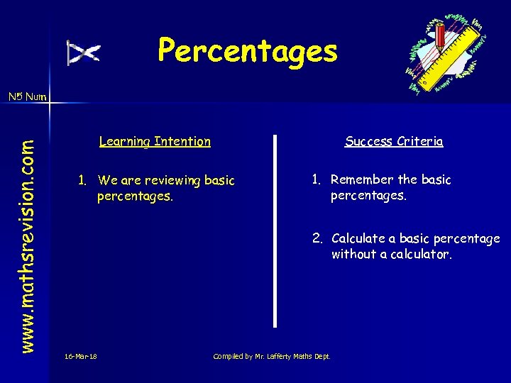Percentages www. mathsrevision. com N 5 Num Learning Intention Success Criteria 1. We are