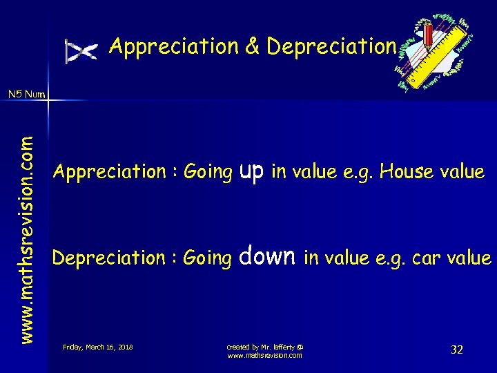Appreciation & Depreciation www. mathsrevision. com N 5 Num Appreciation : Going up in