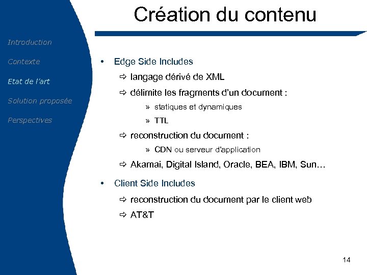 Création du contenu Introduction Contexte • Edge Side Includes ð langage dérivé de XML