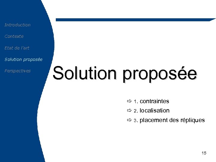 Introduction Contexte Etat de l’art Solution proposée Perspectives Solution proposée ð 1. contraintes ð