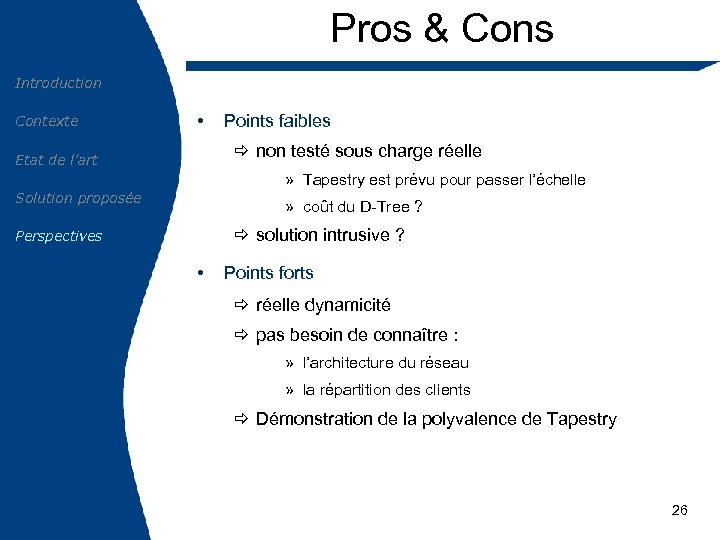 Pros & Cons Introduction Contexte • Points faibles ð non testé sous charge réelle