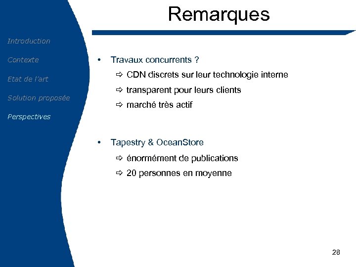 Remarques Introduction Contexte • Travaux concurrents ? ð CDN discrets sur leur technologie interne