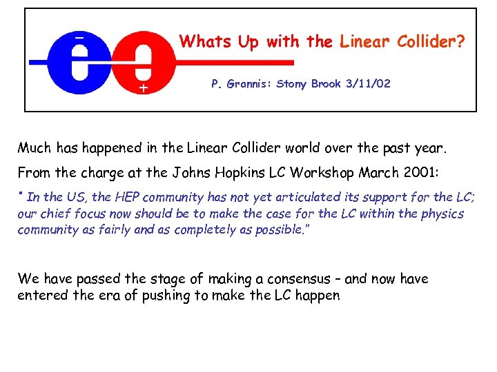 Whats Up with the Linear Collider? P. Grannis: Stony Brook 3/11/02 Much has happened