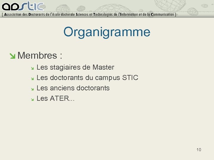 Organigramme Membres : Les stagiaires de Master Les doctorants du campus STIC Les anciens