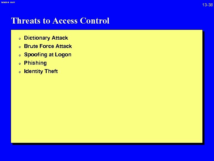 3/20/2018 00: 57 13 -38 Threats to Access Control 0 Dictionary Attack 0 Brute