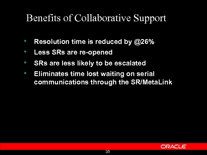 Benefits of Collaborative Support • • Resolution time is reduced by @26% Less SRs