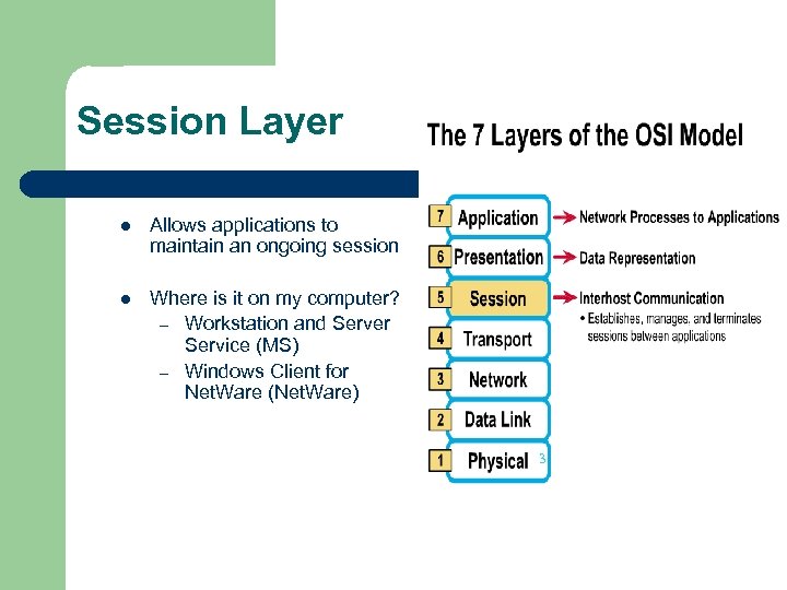 Session Layer l Allows applications to maintain an ongoing session l Where is it
