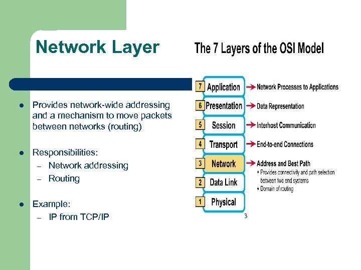 Network Layer l Provides network-wide addressing and a mechanism to move packets between networks