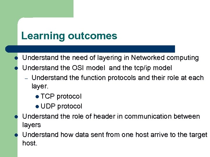 Learning outcomes l l Understand the need of layering in Networked computing Understand the