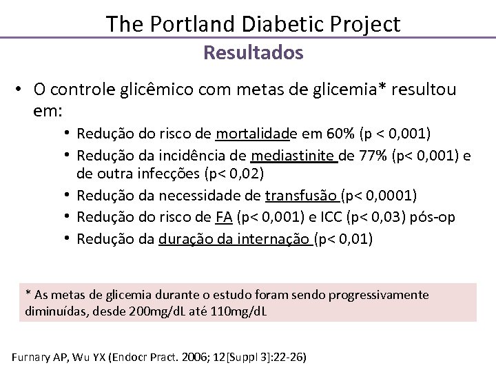 The Portland Diabetic Project Resultados • O controle glicêmico com metas de glicemia* resultou