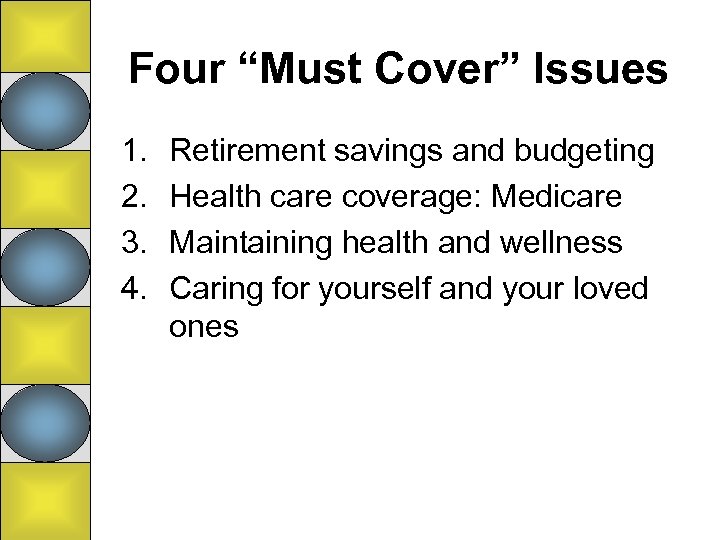 Four “Must Cover” Issues 1. 2. 3. 4. Retirement savings and budgeting Health care