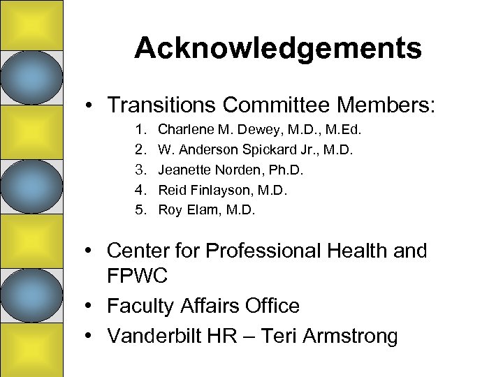 Acknowledgements • Transitions Committee Members: 1. 2. 3. 4. 5. Charlene M. Dewey, M.