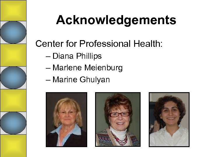 Acknowledgements Center for Professional Health: – Diana Phillips – Marlene Meienburg – Marine Ghulyan