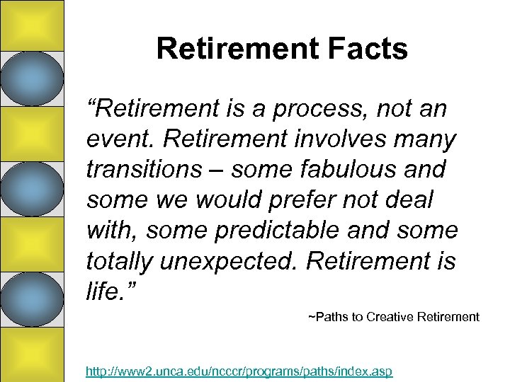 Retirement Facts “Retirement is a process, not an event. Retirement involves many transitions –