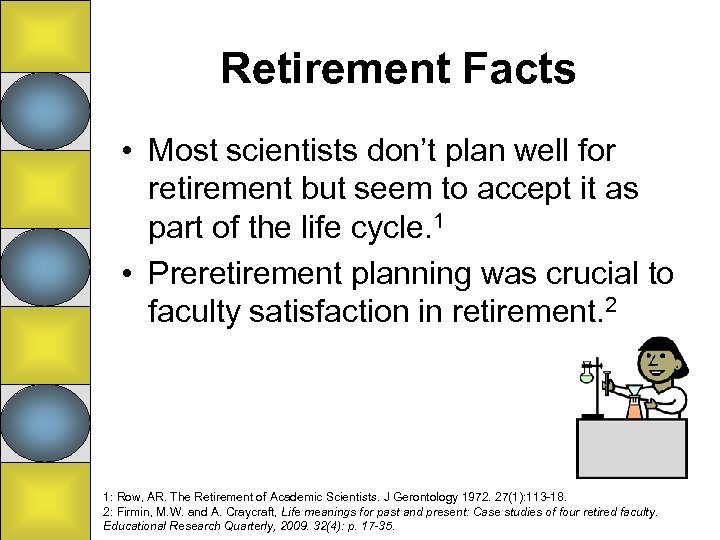 Retirement Facts • Most scientists don’t plan well for retirement but seem to accept