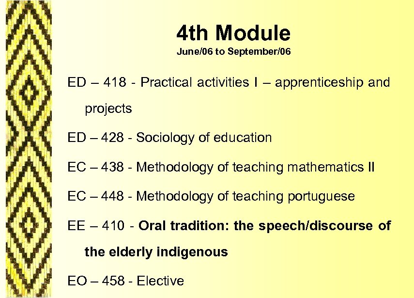 4 th Module June/06 to September/06 ED – 418 - Practical activities I –