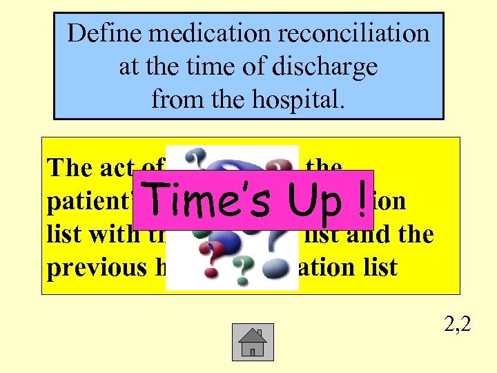 Define medication reconciliation at the time of discharge from the hospital. The act of