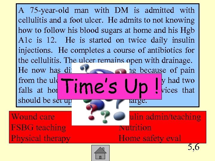 A 75 -year-old man with DM is admitted with cellulitis and a foot ulcer.