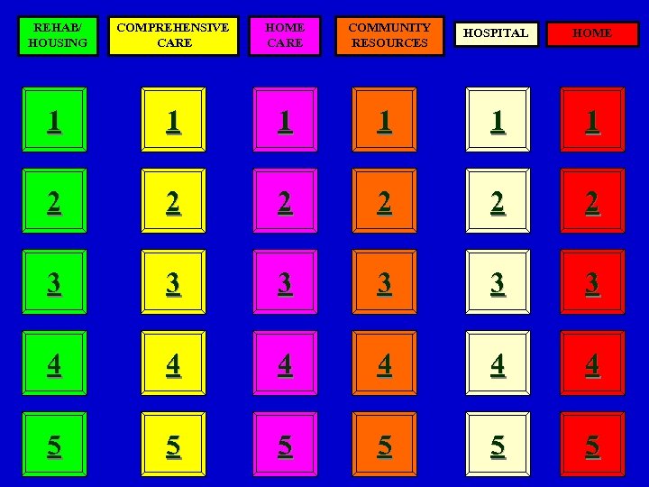 REHAB/ HOUSING COMPREHENSIVE CARE HOME CARE 1 1 1 2 2 3 COMMUNITY RESOURCES