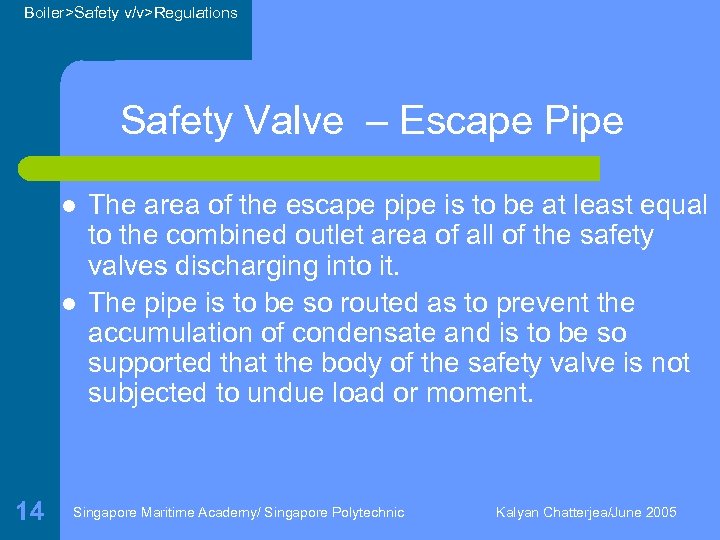 Boiler>Safety v/v>Regulations Safety Valve – Escape Pipe l l 14 The area of the