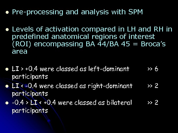 l Pre-processing and analysis with SPM l Levels of activation compared in LH and