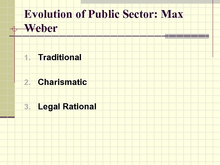 Evolution of Public Sector: Max Weber 1. Traditional 2. Charismatic 3. Legal Rational 