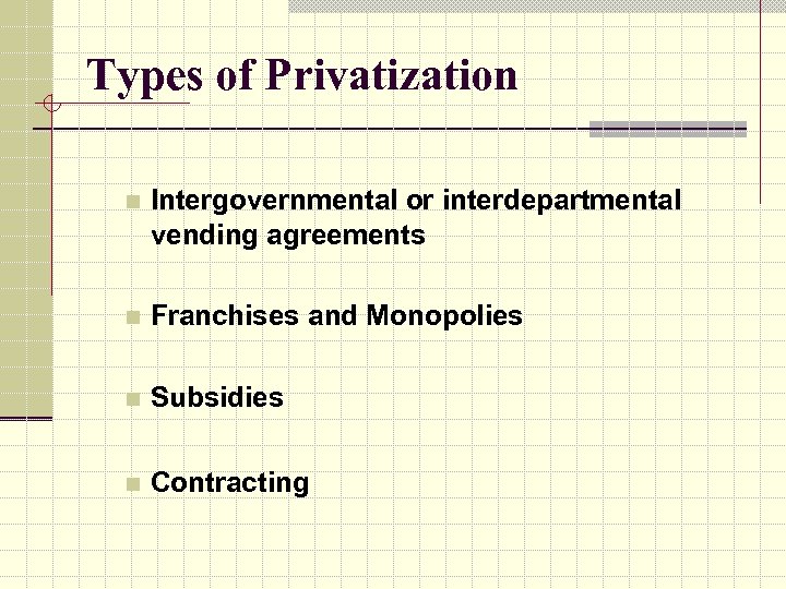 Types of Privatization n Intergovernmental or interdepartmental vending agreements n Franchises and Monopolies n