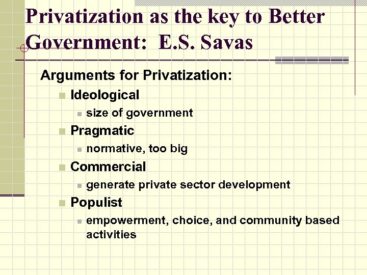 Privatization as the key to Better Government: E. S. Savas Arguments for Privatization: n