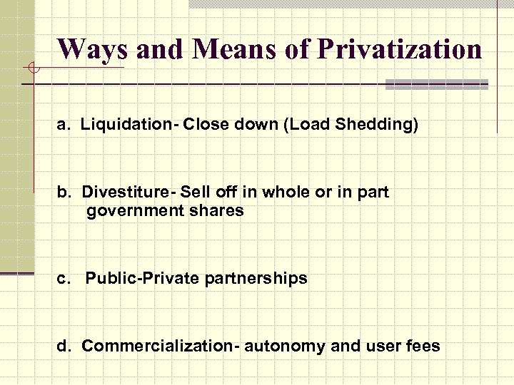 Ways and Means of Privatization a. Liquidation- Close down (Load Shedding) b. Divestiture- Sell