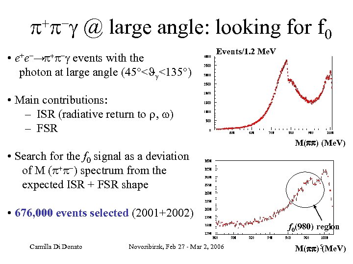  @ • large angle: looking for f e+e → events with the photon