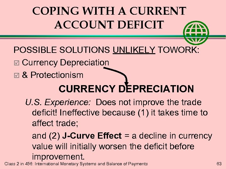 COPING WITH A CURRENT ACCOUNT DEFICIT POSSIBLE SOLUTIONS UNLIKELY TOWORK: þ Currency Depreciation þ