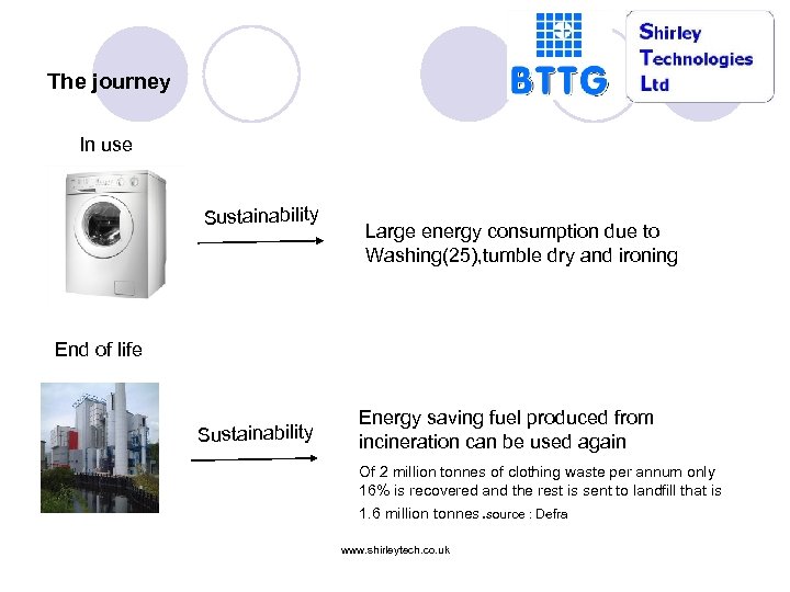 The journey In use Sustainability Large energy consumption due to Washing(25), tumble dry and