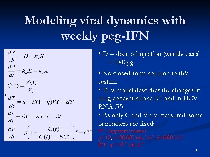 Modeling viral dynamics with weekly peg-IFN • D = dose of injection (weekly basis)