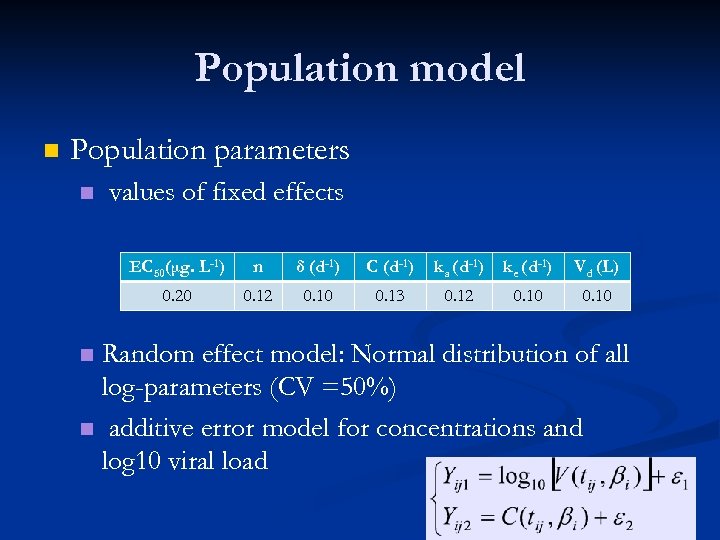 Population model n Population parameters n values of fixed effects EC 50(μg. L-1) n