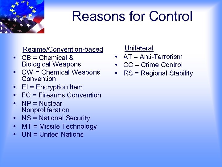 Reasons for Control • • Regime/Convention-based CB = Chemical & Biological Weapons CW =