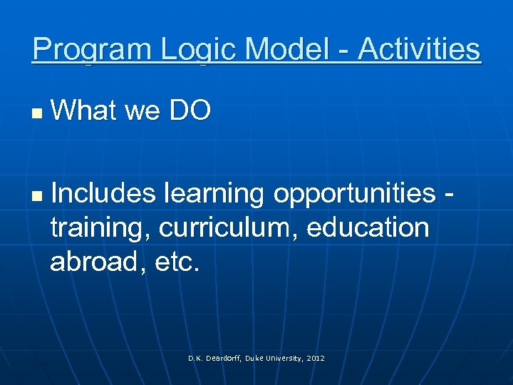 Program Logic Model - Activities n n What we DO Includes learning opportunities -