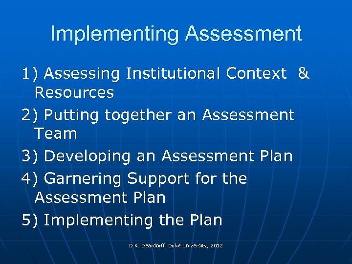 Implementing Assessment 1) Assessing Institutional Context & Resources 2) Putting together an Assessment Team