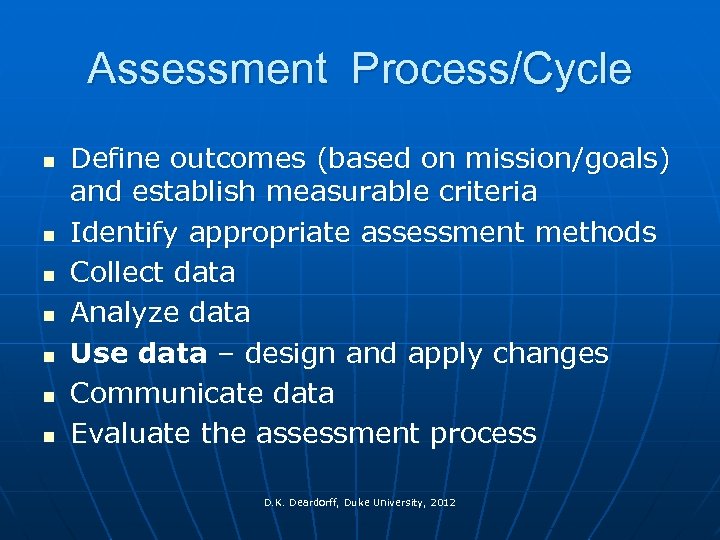 Assessment Process/Cycle n n n n Define outcomes (based on mission/goals) and establish measurable