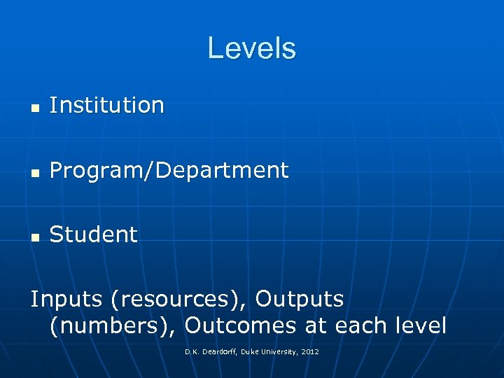 Levels n Institution n Program/Department n Student Inputs (resources), Outputs (numbers), Outcomes at each