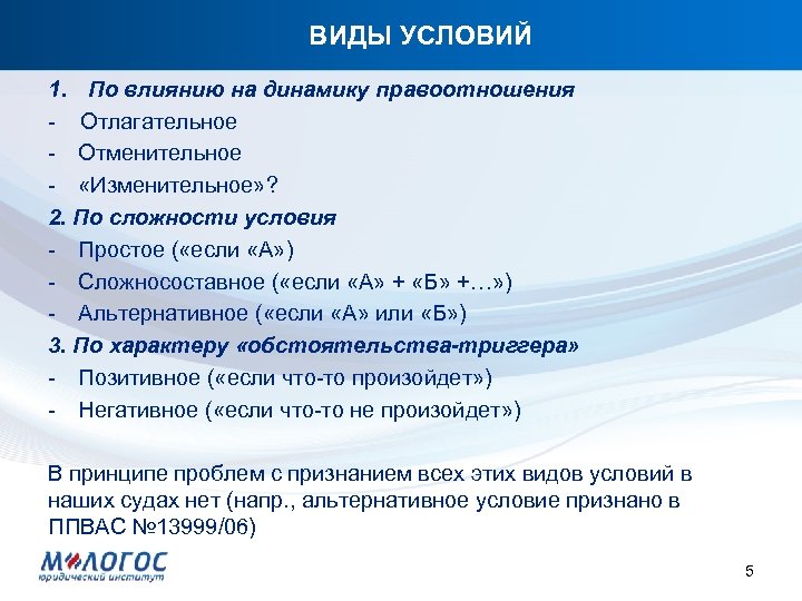 ВИДЫ УСЛОВИЙ 1. По влиянию на динамику правоотношения - Отлагательное - Отменительное - «Изменительное»