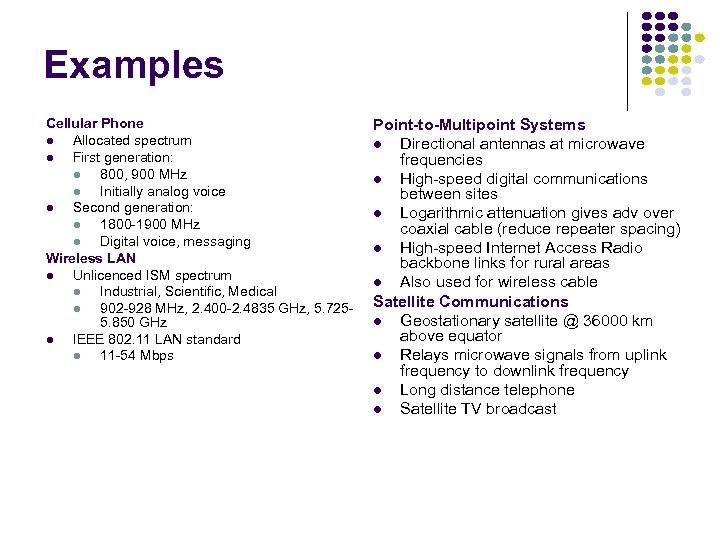Examples Cellular Phone Allocated spectrum First generation: 800, 900 MHz Initially analog voice Second