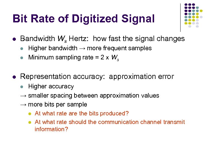 Bit Rate of Digitized Signal Bandwidth Ws Hertz: how fast the signal changes Higher