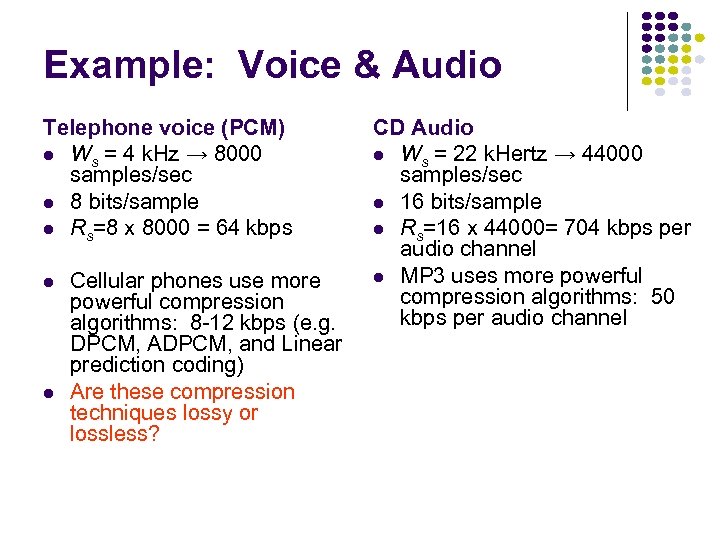 Example: Voice & Audio Telephone voice (PCM) Ws = 4 k. Hz → 8000