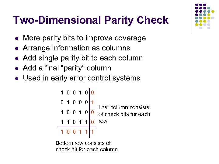 Two-Dimensional Parity Check More parity bits to improve coverage Arrange information as columns Add