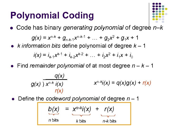 Polynomial Coding Code has binary generating polynomial of degree n–k g(x) = xn-k +
