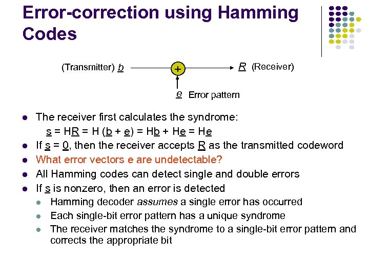 Error-correction using Hamming Codes (Transmitter) b + R (Receiver) e Error pattern The receiver