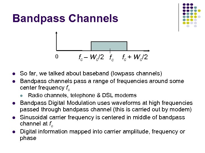 Bandpass Channels 0 fc – Wc/2 fc fc + Wc/2 So far, we talked